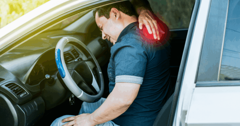 Driver after motor vehicle accident, highlighting need for ergonomic driving assessment