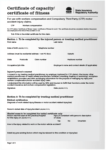 NSW certificate of capacity form for WorkCover documenting injury recovery and work capacity